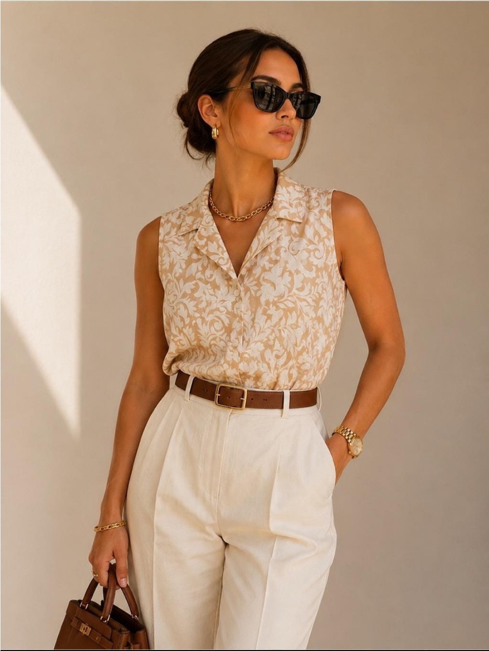 Tahari‎ 100% Flax Linen Button Front Beige & Off White Tropical Blouse Size XL